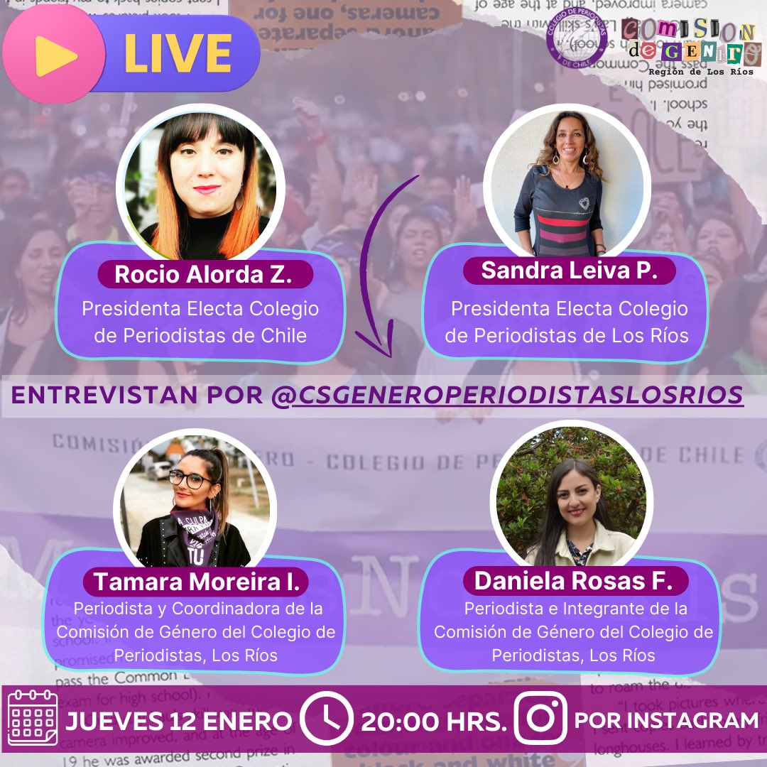 cgperiodlosrios's tweet photo. 💜✊Te invitamos este jueves 12 enero 20hrs al Live en el Instagram de la Comisión de Género del Colegio de Periodistas #LosRíos @csgeneroperiodistaslosrios para conversar con las pdtas. electas del nacional Rocío Alorda y regional Sandra Leiva @ChilePeriodista #Valdiviacl https://t.co/8sN1iVxV8i