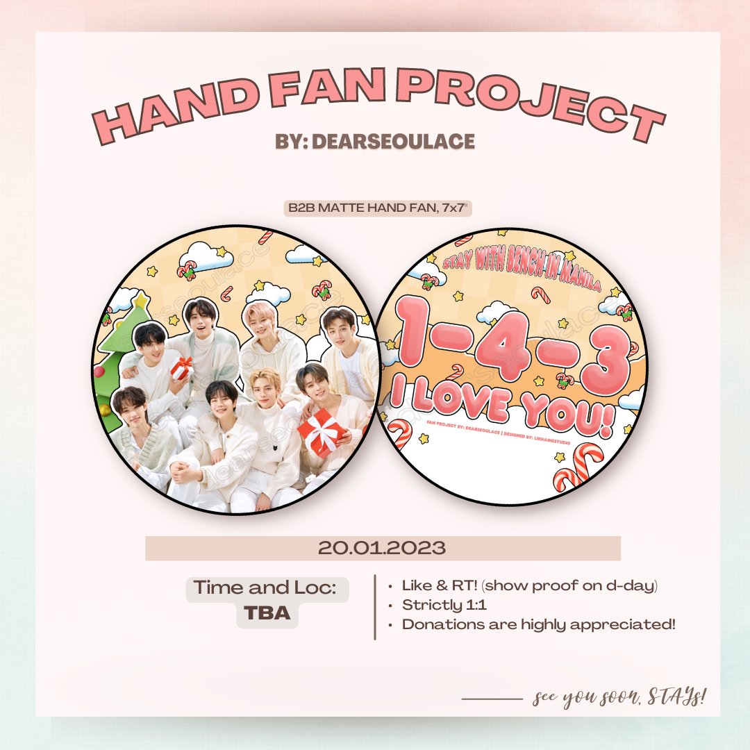 — [♡] #StayWithBENCH hand fan project ♡

hi STAYs! I'll be giving away limited OT8 hand fans on d-day!

♡ open to trades, but very limited only! so dm me nalang ^^
♡ donations are welcomed as well c:
♡ details are listed below!