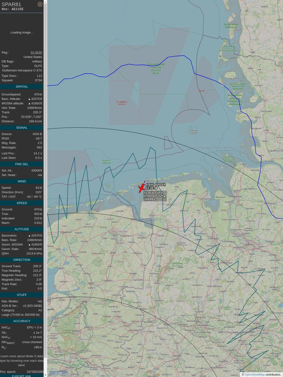 AboveHeerlen's tweet image. #PlaneAlert ICAO: #AE115E Tail: #011930 
Owner: #USAF
Aircraft: #Gulfstream C-37A
2023/01/10 13:21:00
#GLF5 #Mil #Bizjet #MustBeNice #VIPTransport #USAF airforce.com 
globe.adsbexchange.com/?icao=AE115E&amp;amp;s…
