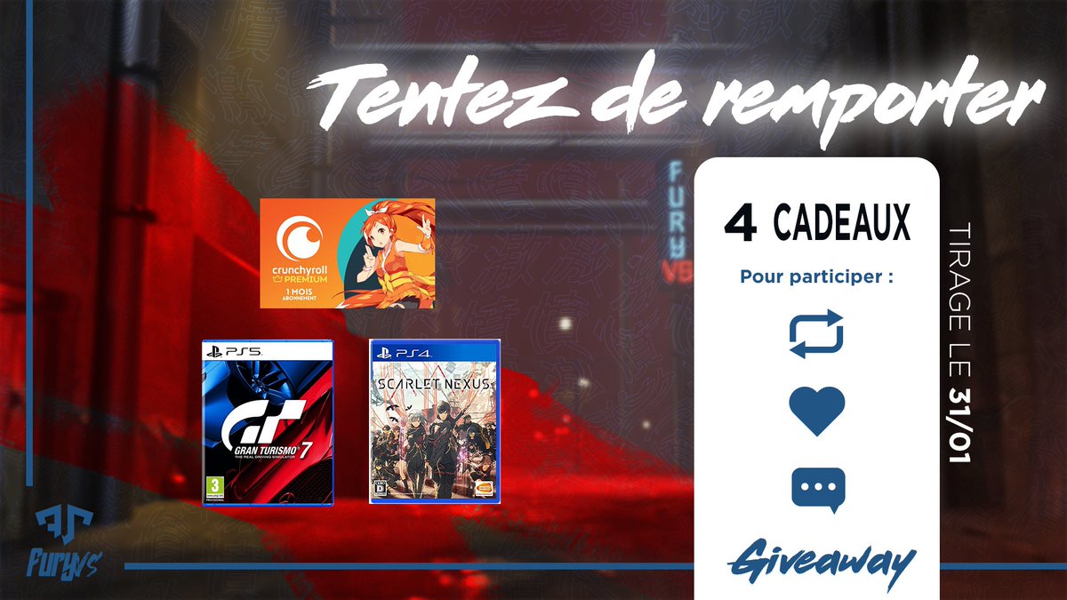 FuryVS_'s tweet photo. 🎁 Pour fêter la nouvelle année et nos nouveaux design, on vous offre 4 codes cadeaux 😃

Follow @FuryVS_, #RT et commente avec #FuryVS 🥊

𝟰 𝗚𝗮𝗴𝗻𝗮𝗻𝘁𝘀:
- 2 codes Crunchyroll 1 mois
- 1 code Gran Turismo 7 sur PS4/5
- 1 code Scarlet Nexus sur PS4

#FuryLan🔀#FuryVS https://t.co/1ItwzByr74