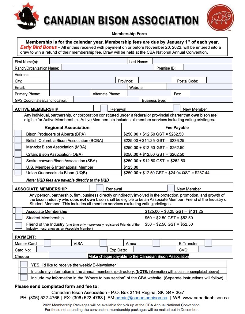 Have You Renewed Your CBA Membership Yet?
Membership is for the calendar year and due January 1st.
To be listed in the Smoke Signals' Member Directory, you MUST renew your membership by Wed, January 11, 2023.
canadianbison.ca/producers/cba/…
#CBAMembership #jointheheard