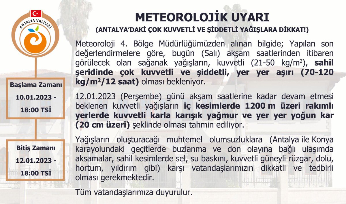 AntalyaValilik's tweet photo. ⚠️Meteorolojik Uyarı⚠️

🌧️ ☔️ 🌪️ 🌩️ 

Çok Kuvvetli ve Şiddetli Yağış Uyarısı 🌨☔️🌨 https://t.co/DKjQubIX31