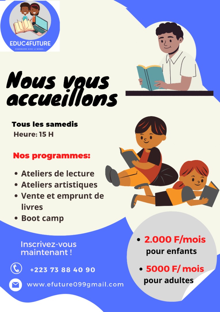 Educ4F's tweet photo. 𝓝𝓸𝓾𝓼 𝓸𝓾𝓿𝓻𝓸𝓷𝓼 !
Vous êtes à Kenieba ? Nous vous accueillons, enfants et adultes, pour des ateliers de lectures, achat et emprunt de livres. Tous les samedis au centre Speak English network de coach Ousmane Baldé sise à Kenieba Lafiabougou à 15h.

Contact : 73 88 40 90. https://t.co/ZZxoLjT5qh