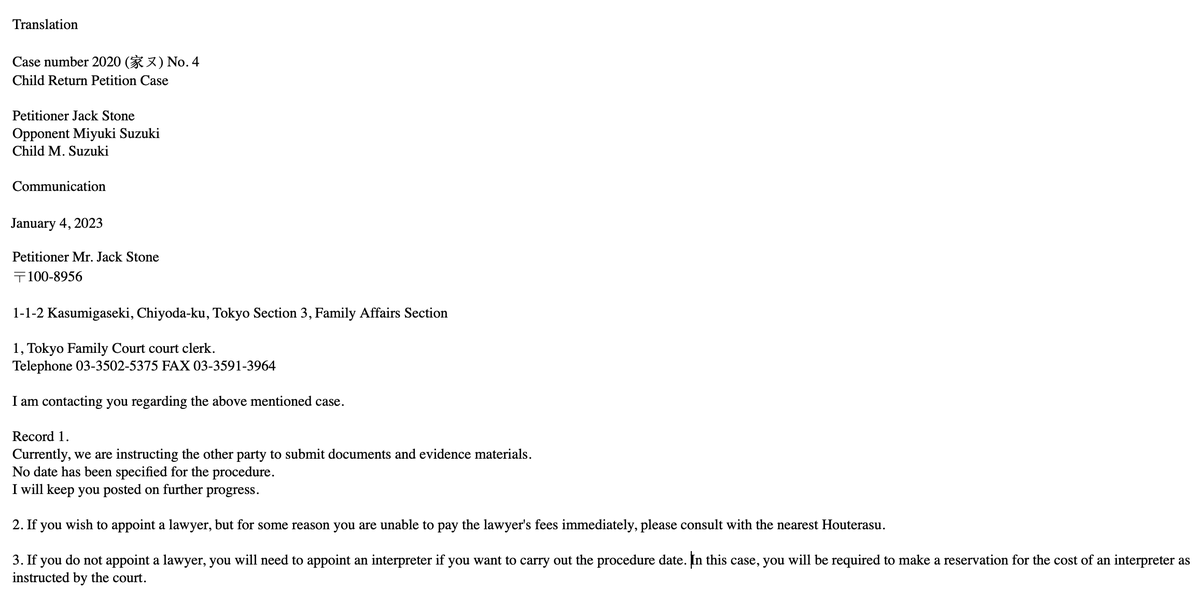 JSTONEandSONS's tweet photo. ORDER ISSUED ON KAI'S BIRTHDAY.
HAGUE RETURN ORDER PROCEEDINGS WILL HAPPEN IN TOKYO.
MY REPEATEDLY ABUSED, AND KIDNAPPED CHILD COULD NEVER SETTLE INTO JAPAN UNDER ARTICLE 12 OR 18, IN A NATION THAT IS AN ABDUCTION BLACK HOLE, AND WHICH TREATS MY CHILDREN SUBCLASS, AND IN POVERTY. https://t.co/C6wqvPVI83