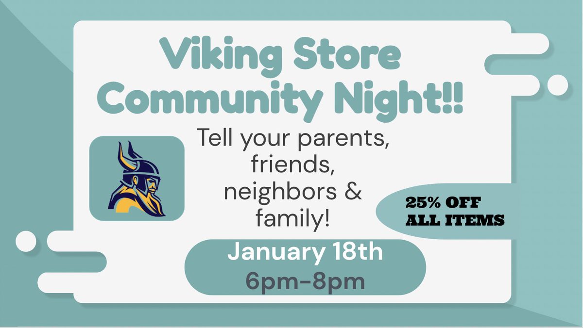 umhsvikingstore's tweet photo. Post holiday sale! Entire store is 25% off, including new items! See you for our next community night Jan 19th 6-8pm https://t.co/VUMN1mWrug