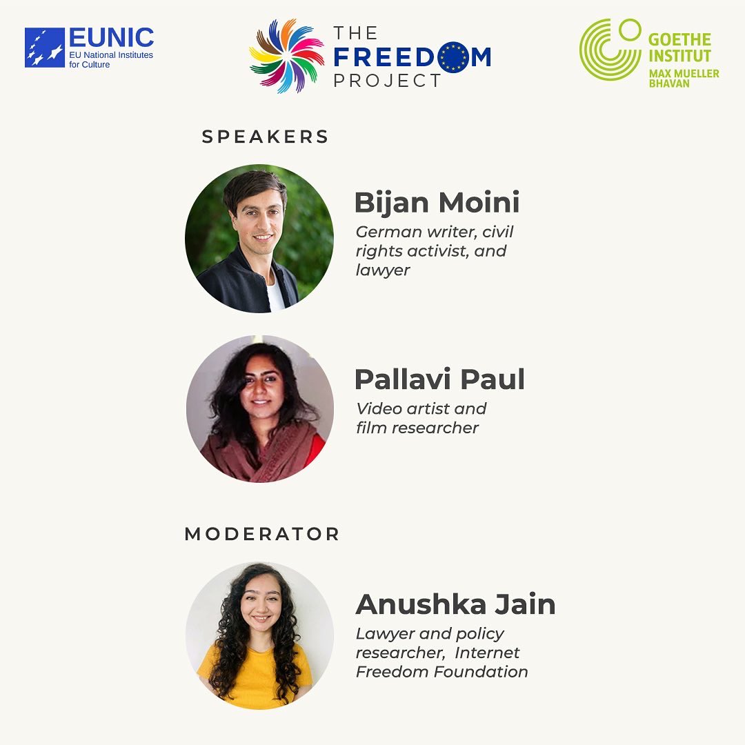 EUNIC_India's tweet photo. SAVE THE DATE: 18.01.2023, 6:30 PM

Join us for an in-person discussion on Digital Freedom with Bijan Moini, and Pallavi Paul, moderated by Anushka Jain

Venue: Goethe-Institut / Max Mueller Bhavan New Delhi

*Free entry for all*
 
#Freedom #Freiheit #EUNIC #Culture #EUinIndia https://t.co/F1t2m1kfwC