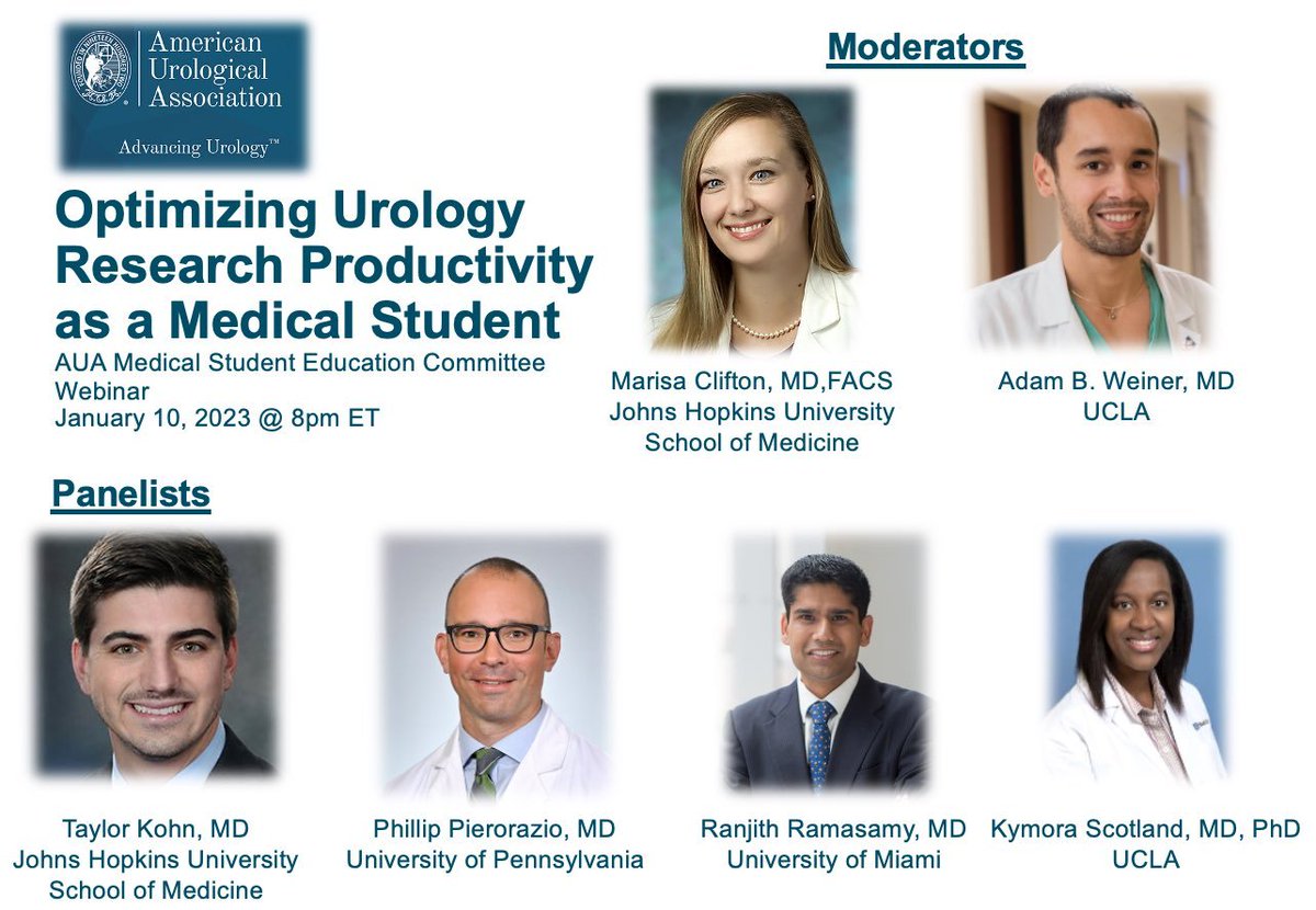 If any medical students are interested in hearing about maximizing research productivity, the AUA Medical Student Education Committee is hosting a Webinar tonight. Honored to join @MCliftonMD @ranjithramamd @drphil_urology @Adam_Weiner535 @DrKScotland youtube.com/watch?v=cqvs-E…