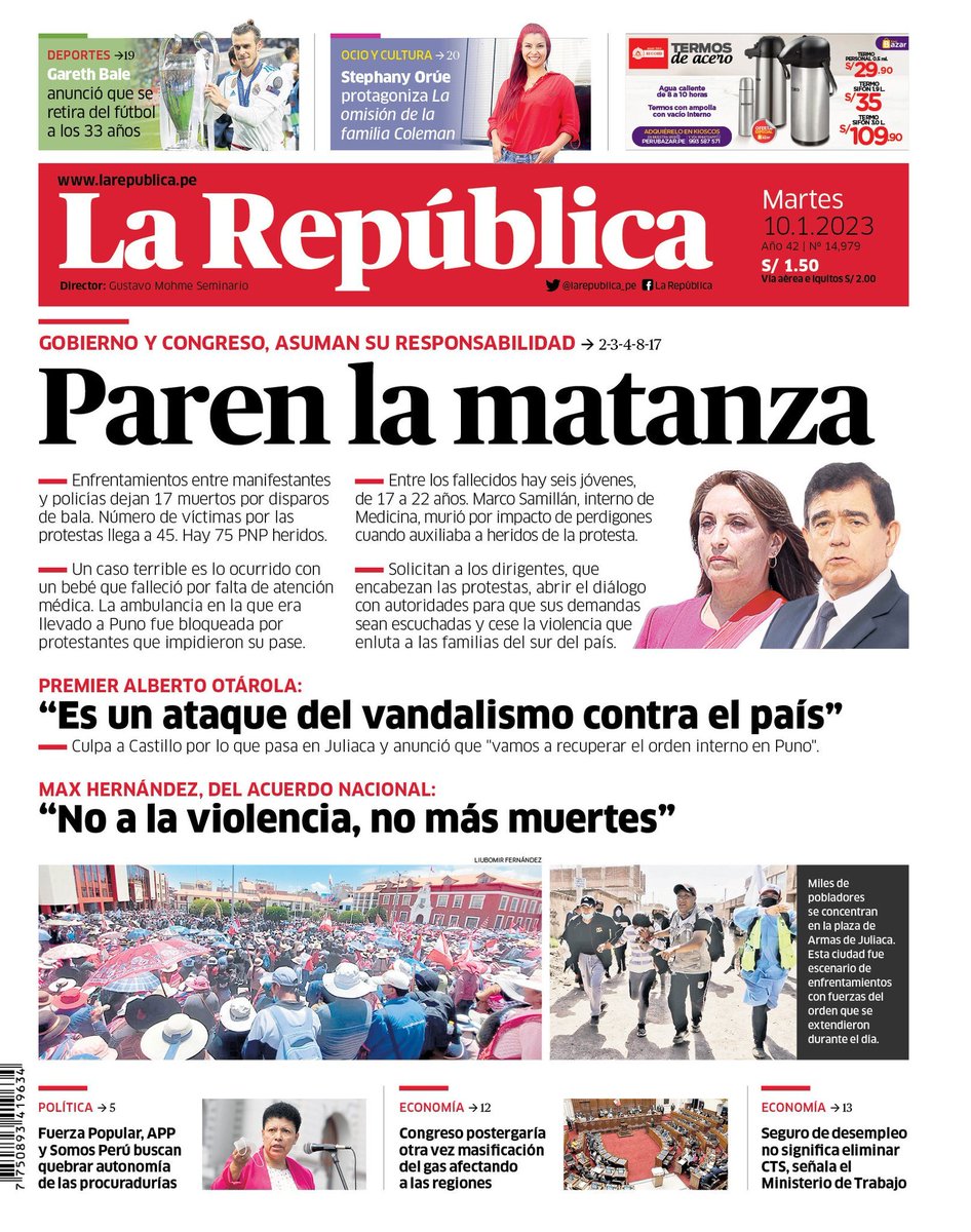 BarrientosGaray's tweet photo. Los medios concentrados de la capital son los complices y avales de los asesinatos en Juliaca y otras regiones. Nunca presionaron la renuncia de Boluarte en sus portadas como: "Renuncia Boluarte Asesina" "Por el bien de país renuncia". Por el contrario conviven con el Gobierno. https://t.co/FobnpWfuxe