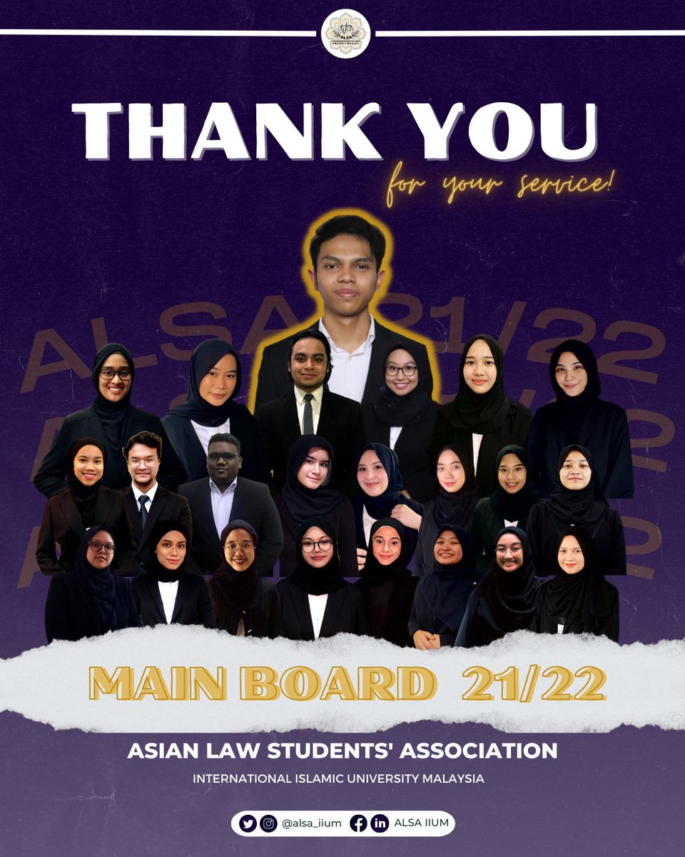ALSA_IIUM's tweet photo. Greetings from ALSA IIUM! 🇲🇾

The 21/22 tenure has officially ended. 

We would like to use this opportunity to express our sincerest gratitude to the mainboard lineup 21/22 for all of their hard work. 🌟

ALSA, Always Be One!

#alsaiium #alsamalaysia https://t.co/7Hjiz4McvG