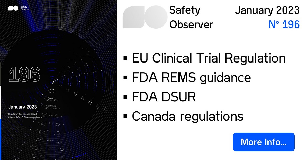 SafetyObserver's tweet image. The US FDA has published the final guidance entitled “Format and Content of a REMS Document”...
Check out our latest #Pharmacovigilance Regulatory Intelligence Report !
Read the Highlights and sign up for Free Alerts on our new website... bit.ly/3t4l5Pc