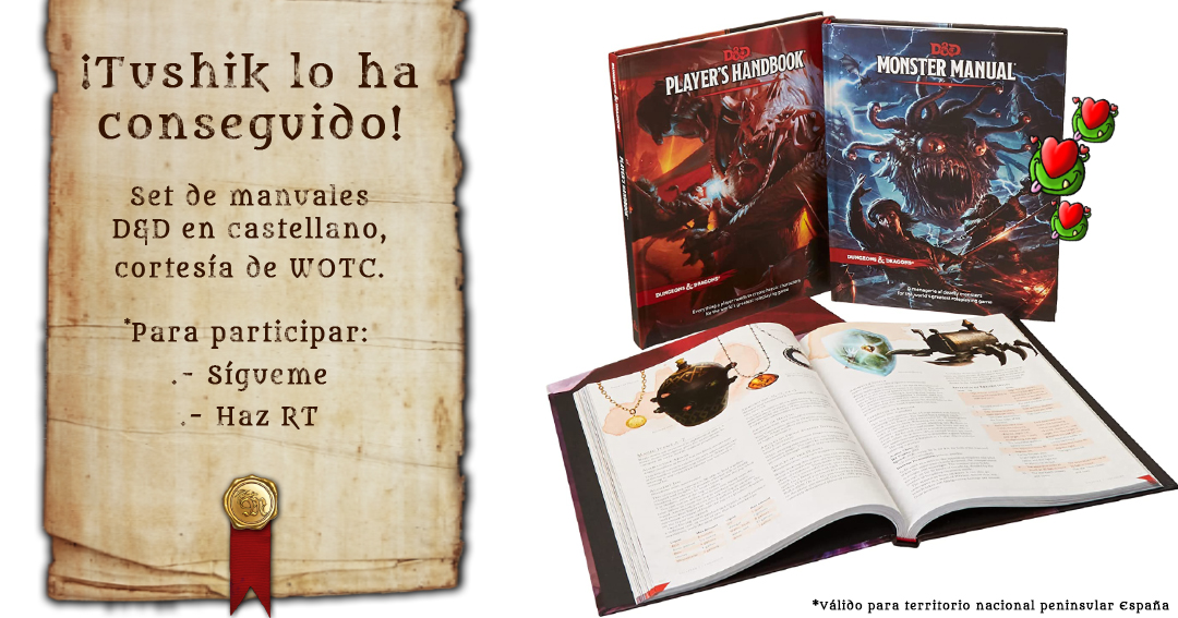 ¡Primera Aventura en Otros Mundos y venimos con regalos! #elVuelodelArcadinoeris
✨SORTEO✨
De más allá del Mar Astral, Tushik trae un set de D&amp;D compuesto por:
➡️Manual del Jugador
➡️ Manual del DM
➡️ Manual de Monstruos
¡Participad siguiendo las instrucciones!
¡MUCHA SUERTE!