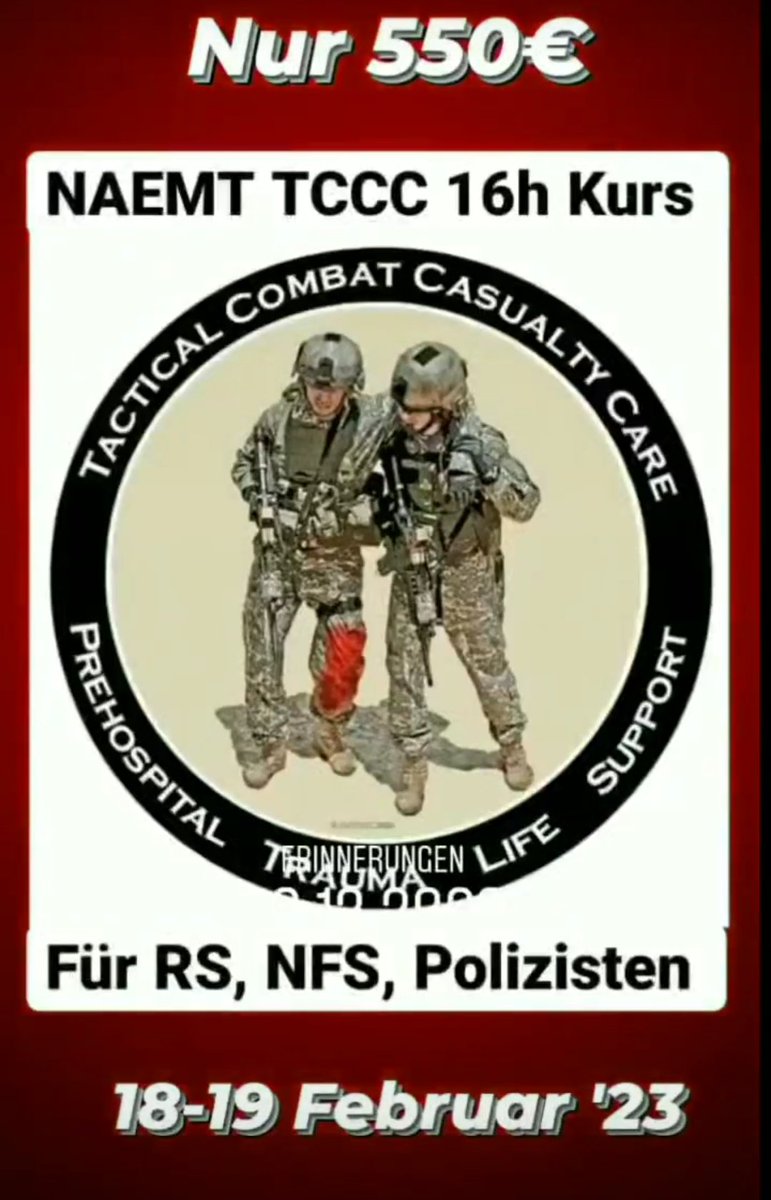 bushcraftmaddin's tweet photo. We start a new Tactical combat casualty care cours with User partner https://t.co/JZuNAw16MF

2023 February 18 and 19 in Prag

550 € inkl. Hotel

#tccc #stopthebleed #combatmedic #medic https://t.co/eZkwITC4Q0