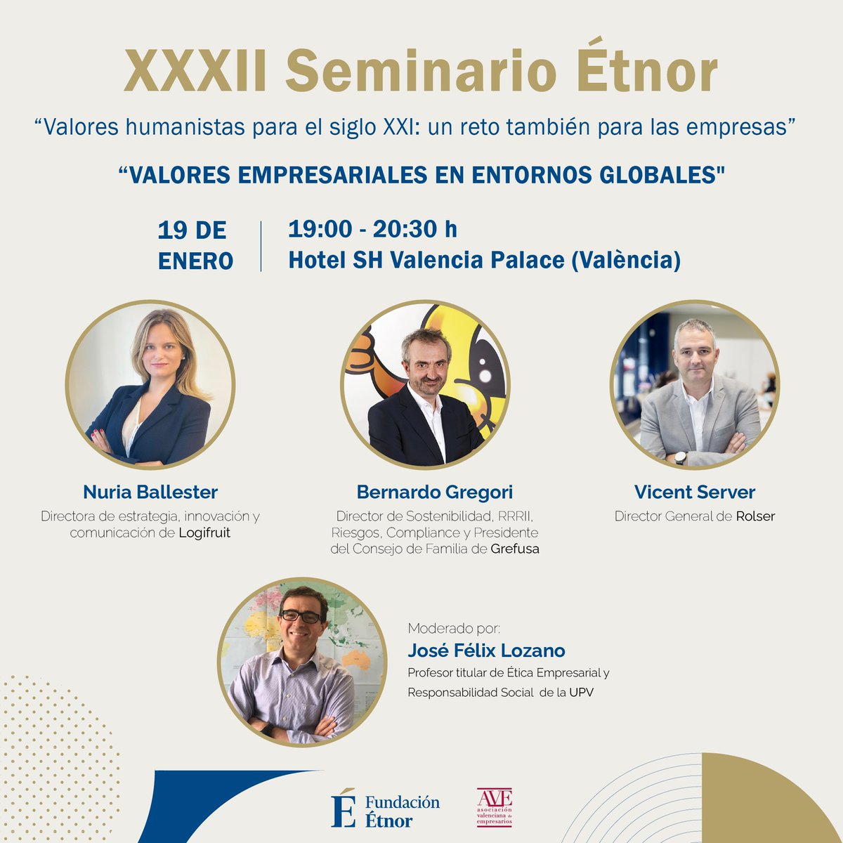 AVEmpresarios's tweet photo. 🔜Sesión "Valores empresariales en entornos globales" con @FundacionETNOR
📍SH Valencia Palace
📆19 de enero, 19:00h

Con la participación🔝de #NuriaBallester (#Logifruit), 
@BerGregori (@grefusa) y #VicentServer (@ROLSEROFICIAL)

🔗https://t.co/5Cv6zMjvqX https://t.co/yt7d4HTrrH