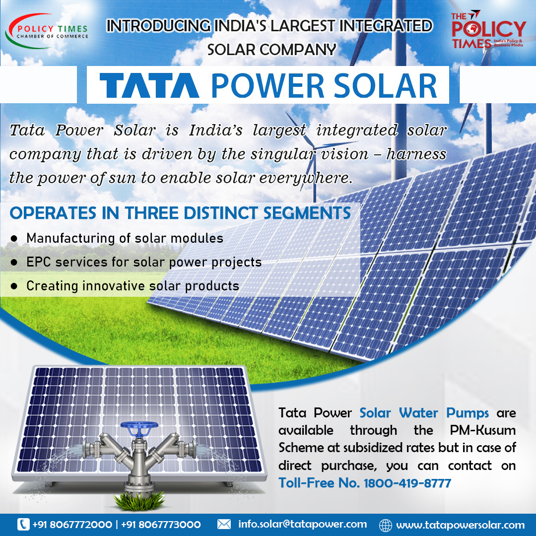 India's largest integrated solar company

📞 +91 8067772000 | +91 8067773000
📧 info.solar@tatapower.com
🌐 tatapowersolar.com

#TataPowerSolar #TataPowerRenewables #GreenEnergy #Renewables #solarpanels #solarwaterpumps #SolarProducts @TataPower @TATAPOWERSOLAR