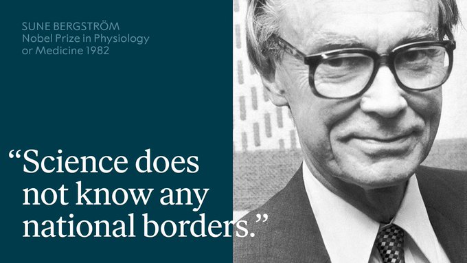 A black and white photo of Sune Bergström next to a blue box. Over the blue box and photo is the quote "Science does not know any national borders"