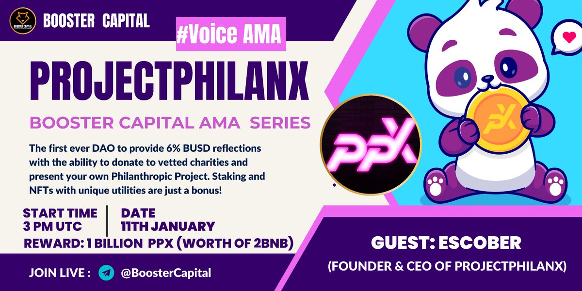BoosterCapital1's tweet photo. 🎙️We're pleased to announce our next Voice #AMA with @Projectphilanx On 11 January  2023 at 3 PM UTC
💰Rewards Pool:1 BILLION PPX
🏠Venue: https://t.co/HJntBhD9cl…
〽️Rules:
1⃣ Follow: @BoosterCapital1 &amp; @Projectphilanx 
2⃣ Must Like &amp; RT
3⃣ Comment Your Questions &amp; Tag 3 Friends https://t.co/NDJUvrYRjR