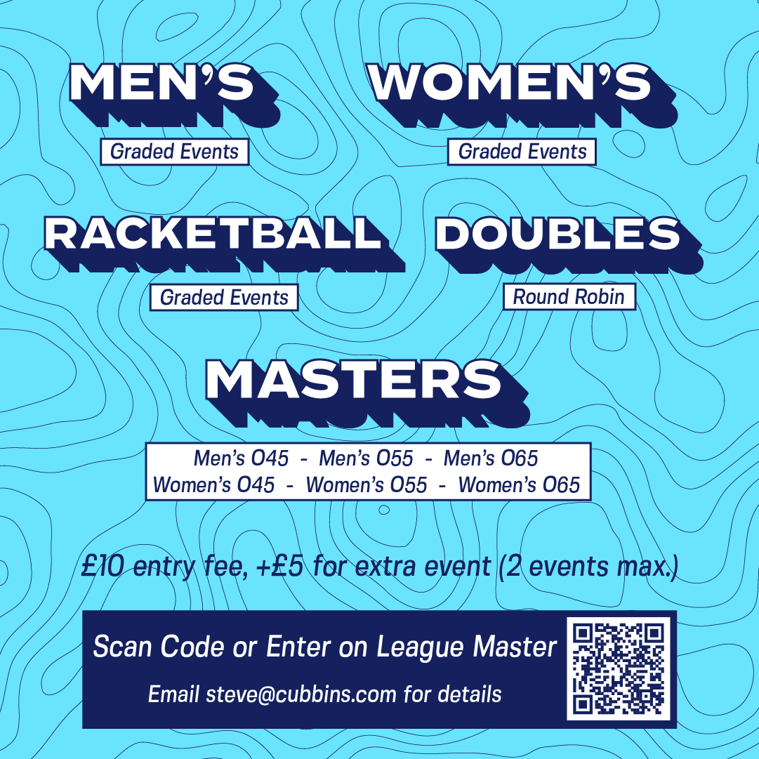 🚨1 WEEK LEFT TO ENTER🚨

Entries for 2023 County Closed close on 17th Jan! 

✅Men's
✅Women's
✅Men's Masters 
✅Women's Masters 
✅Racketball
✅Doubles

Entry fee is £10, +£5 for each subsequent event (2 max)

Scan QR code or follow this link to enter: tinyurl.com/y3zk7ec3