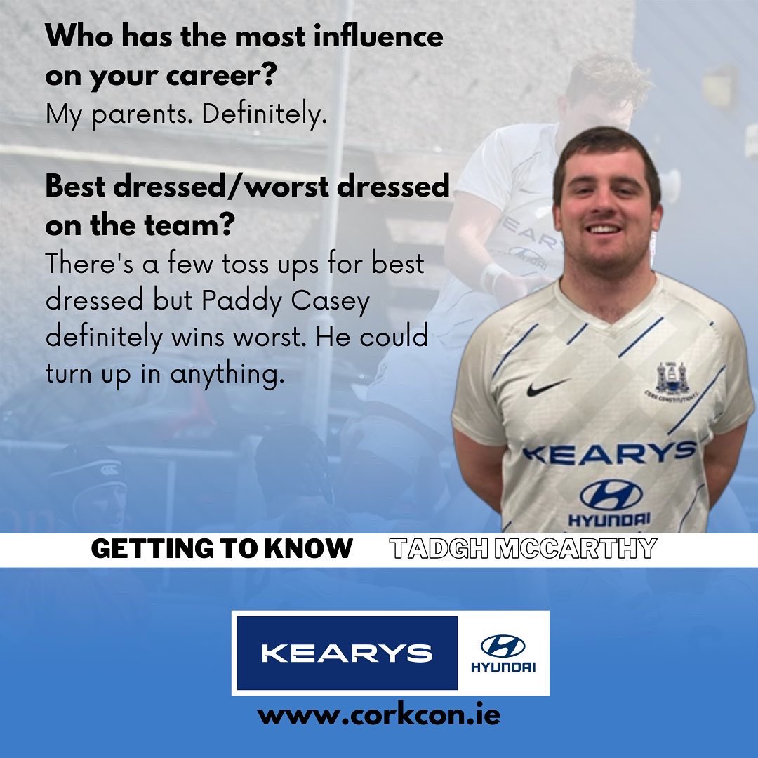 CorkConRugbyFC's tweet image. This weeks #gettingtoknow player profile is Tadgh McCarthy #EnergiaAIL #PositiveEnergy #clubrugby #CorkConFC #Energia #rugby #kearysHyundai  @kearysmotors