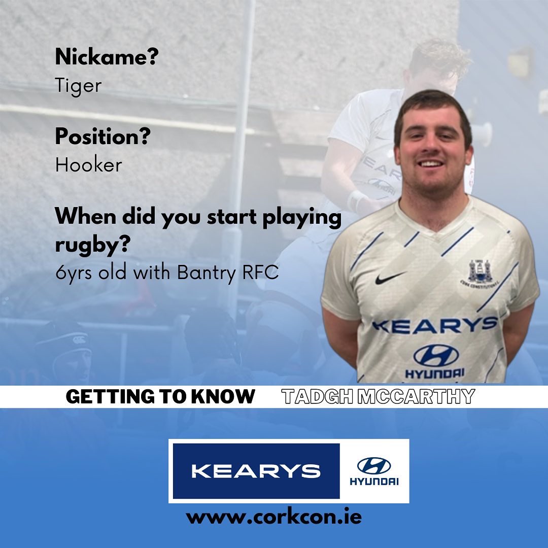 CorkConRugbyFC's tweet image. This weeks #gettingtoknow player profile is Tadgh McCarthy #EnergiaAIL #PositiveEnergy #clubrugby #CorkConFC #Energia #rugby #kearysHyundai  @kearysmotors