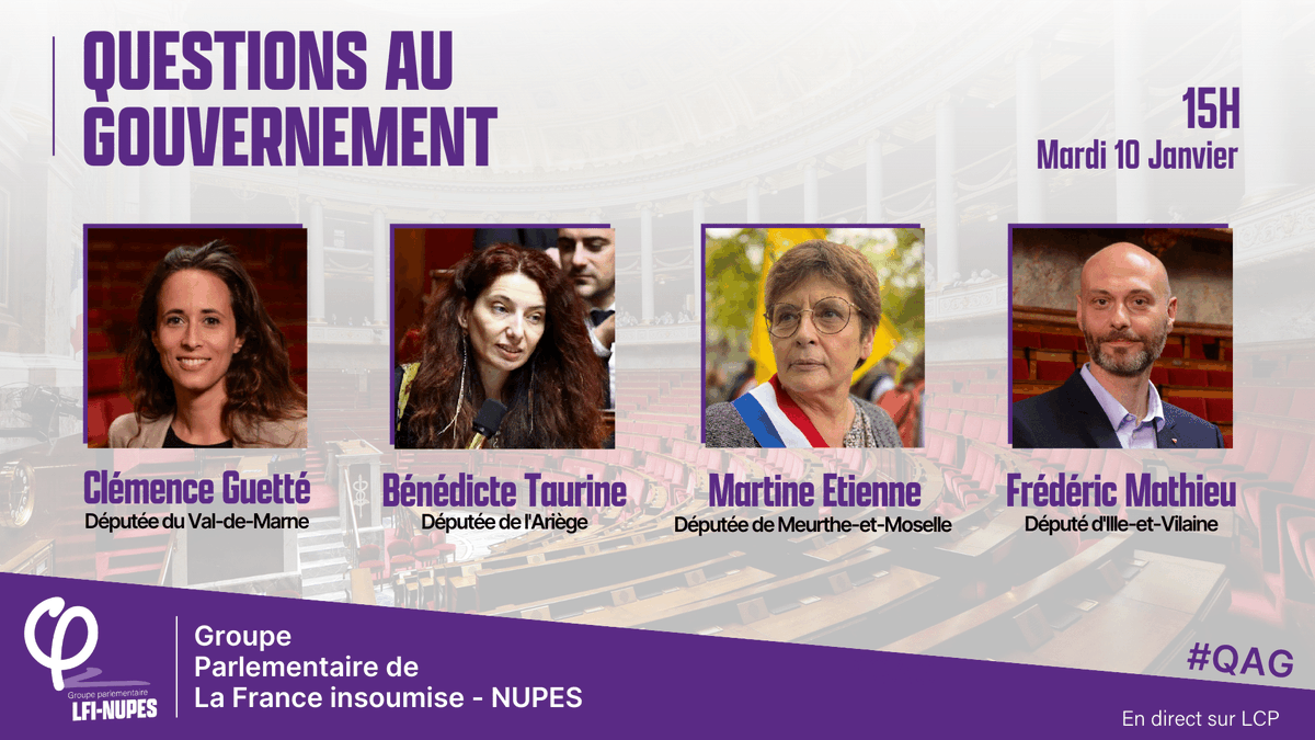 La France Insoumise #NFP à l'Assemblée (@fiassemblee) on Twitter photo 🔴🏛 Rendez-vous ce mardi à partir de 15h pour les questions au gouvernement avec <a href="/Clemence_Guette/">Clémence Guetté</a>, <a href="/BenedictTaurine/">Bénédicte Taurine</a>, <a href="/MartineEtienne_/">Martine Etienne</a> et @Frdric_Mathieu.
➡️ À suivre en direct sur assemblee-nationale.fr et <a href="/LCP/">LCP</a> !
#DirectAN #QAG 🔴🏛 Rendez-vous ce mardi à partir de 15h pour les questions au gouvernement avec <a href="/Clemence_Guette/">Clémence Guetté</a>, <a href="/BenedictTaurine/">Bénédicte Taurine</a>, <a href="/MartineEtienne_/">Martine Etienne</a> et @Frdric_Mathieu.
➡️ À suivre en direct sur assemblee-nationale.fr et <a href="/LCP/">LCP</a> !
#DirectAN #QAG