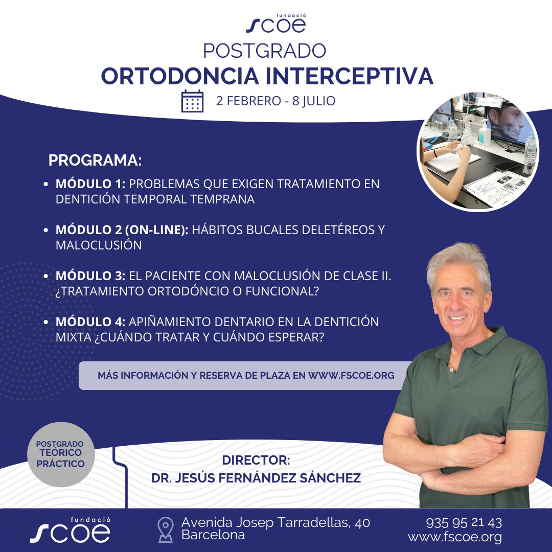 En febrero arrancamos el Postgrado en Ortodoncia Interceptiva, dirigido por el doctor Jesús Fernández Sánchez. Esta formación contará con un módulo online mientras que el resto serán teórico-prácticos 
 bit.ly/3tWqK93 
¡No te quedes sin tu plaza!