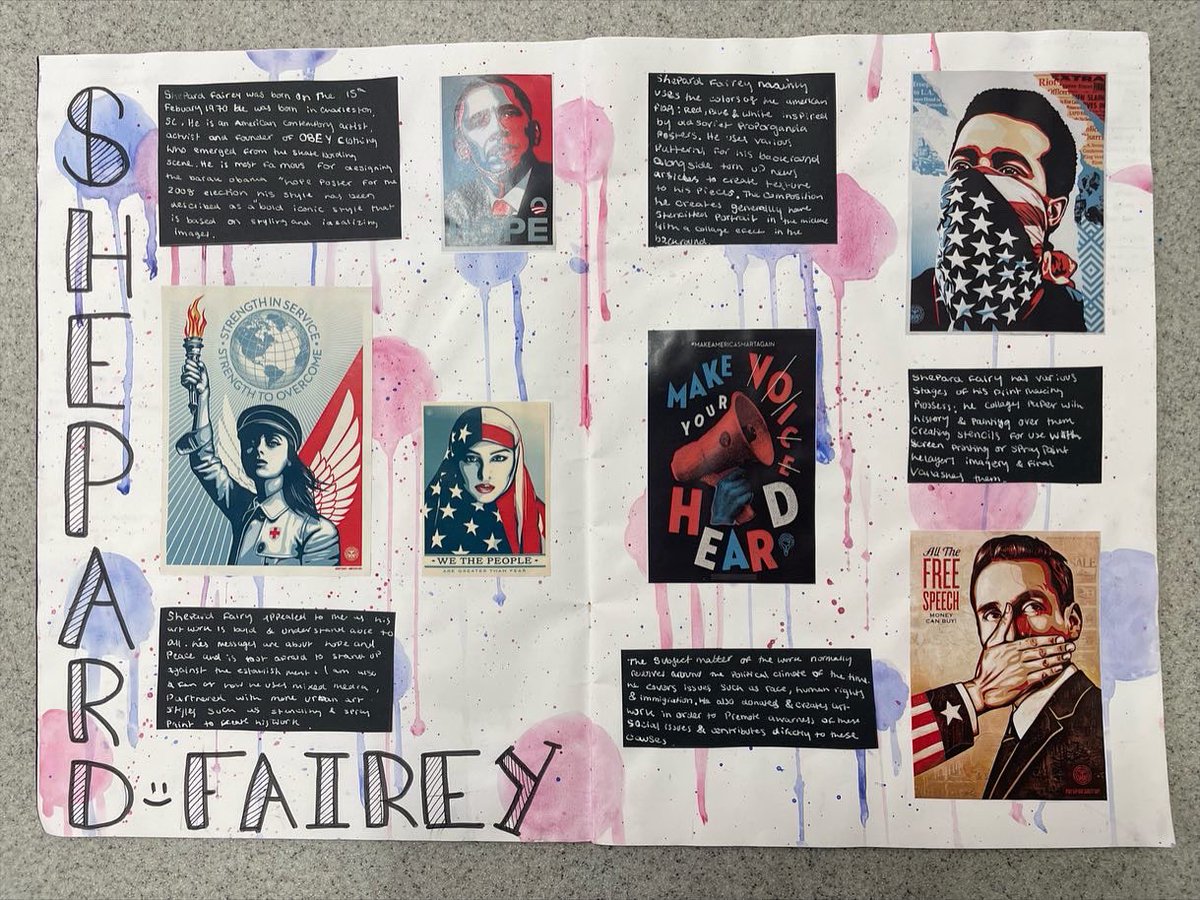 HJBushby's tweet photo. Showcasing some of our amazing year 9 @Judgemeadow art students contextual studies. Students picked from a diverse pool of artists covering different styles and themes. #art #education https://t.co/yBGozIeENq