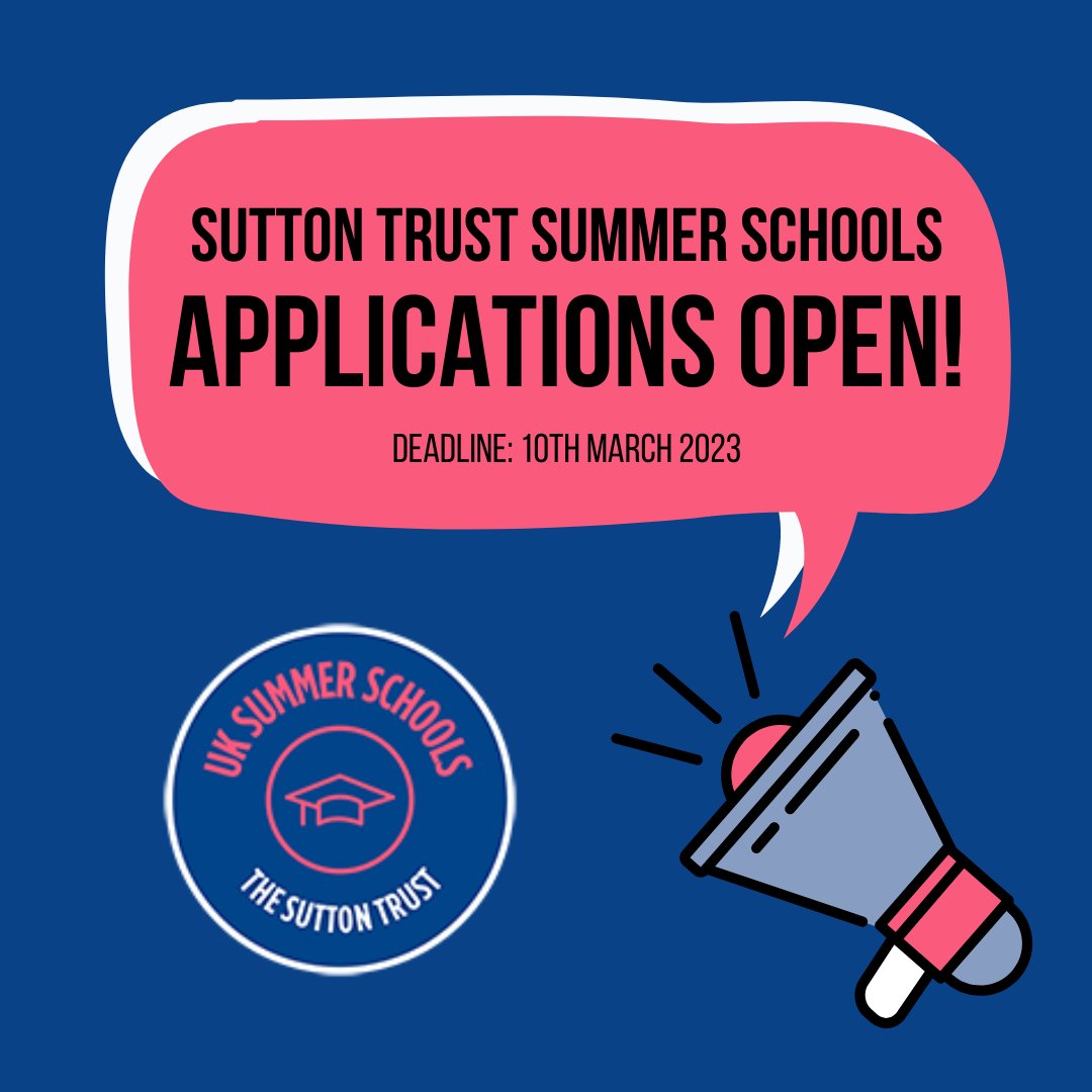 🚨 Applications are now open for the Sutton Trust UK Summer Schools 2023! 🚨

A free week-long stay at a leading university to experience university life and your subject of interest, plus application advice &amp; guidance

Browse courses and apply at: ow.ly/Wsa150MlzXQ