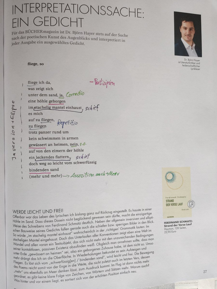 Bjoern_Hayer's tweet photo. Die neue Lyrikseite des @buechermagazin ist da, diesmal mit einem Text von #FerdinandSchmatz, der uns das Fliegen lehrt. Wir sollen dazu aber unsere #Grammatik hinter uns lassen. Also: Auf geht's ins #Gedicht! @haymonverlag #Haymon #Lyrik https://t.co/Yv39K9rT8Y