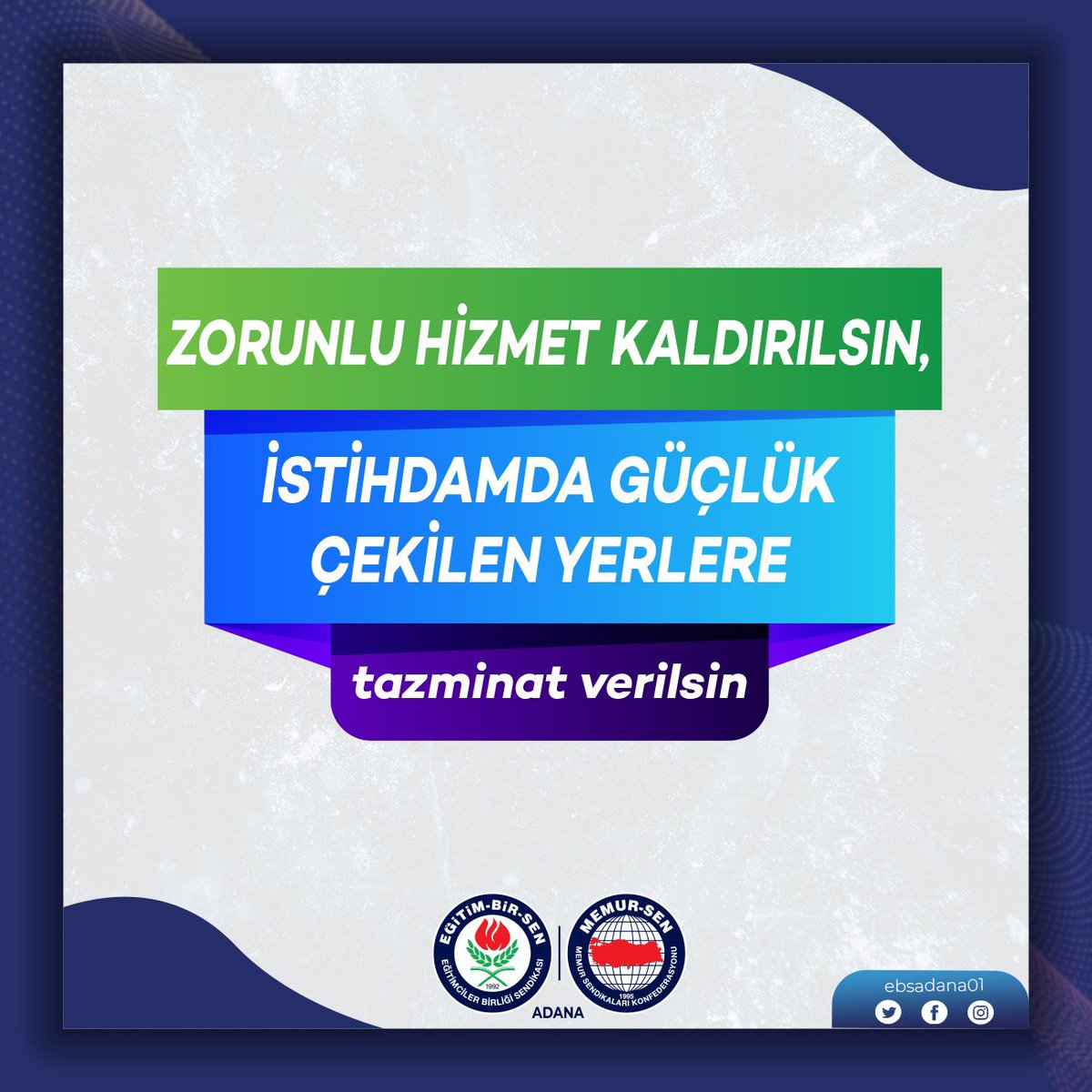 EbsAdana01's tweet photo. Zorunlu hizmet kaldırılsın, istihdamda güçlük çekilen yerlere tazminat verilerek mecburi hizmet sorunu çözülsün. Yıllardır sorun yaşayan öğretmenler huzurlu çalışma ortamı yakalasın… https://t.co/DDlR9cWov5