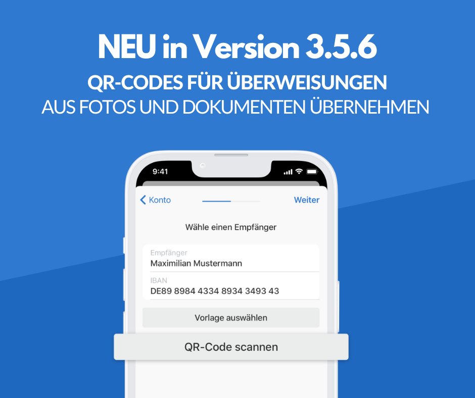 Outbank's tweet photo. Wir starten das neue Jahr mit einem langerwarteten #Update für alle iOS und macOS Nutzer, die öfters Rechnungen per E-Mail und online erhalten: Ab v3.5.6 könnt ihr im Überweisungsprozess QR-Codes direkt aus euren Fotos und Dokumenten in Outbank einlesen: https://t.co/aXHhz91Z2h https://t.co/mVXeXH8Ukl