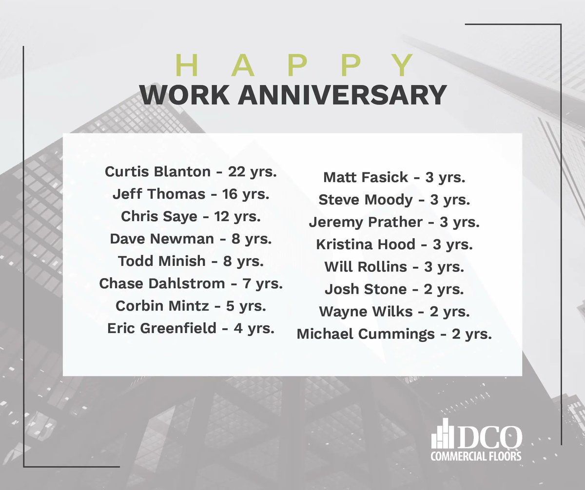 dcocommercial's tweet photo. We want to wish a happy work anniversary to our #DCOteam that started in January. We are thankful for your hard work and the opportunity to watch you #growwithDCO!

#StayintheknowwithDCO #DCOknows #happyworkanniversary #happynewyear https://t.co/gRVFW0qJBI