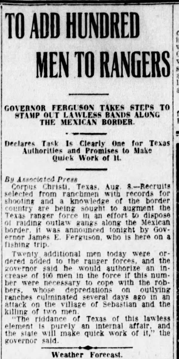#OTD in 1915, Governor James "Pa" Ferguson began expanding the number of Texas Rangers as a response to "bandit incursions" at the Texas-Mexico border. At the start of the year there were around one dozen Rangers. By 1917 when Ferguson left office there were over 1,000. /1