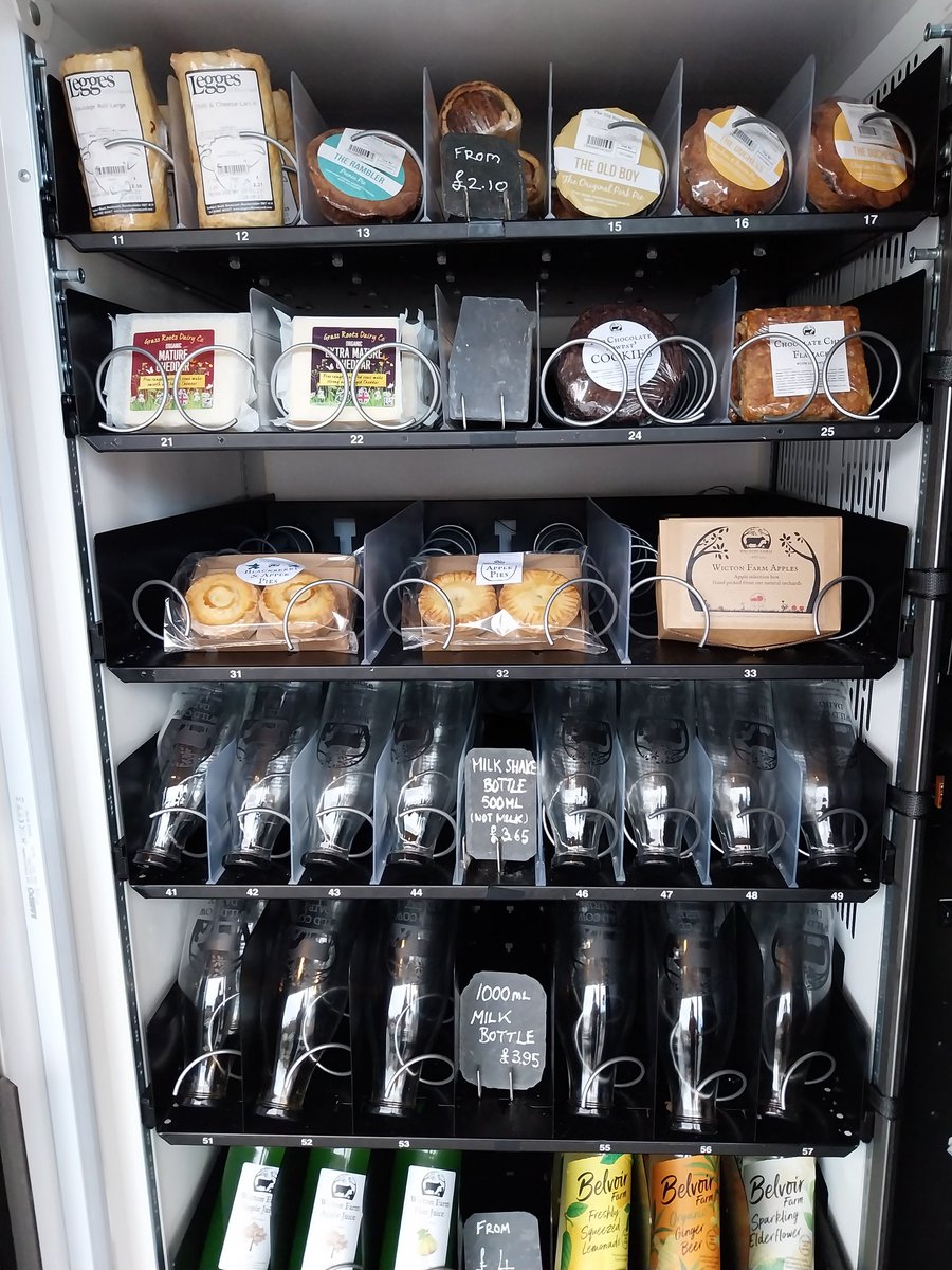 Our vending machine is fully stocked with amazing home made goodies, cheese made with our milk, fesh fruit and porkpies! Open 24hrs a day and the perfect treat to go with a milkshake! #lunchtime #homemade #localproduce