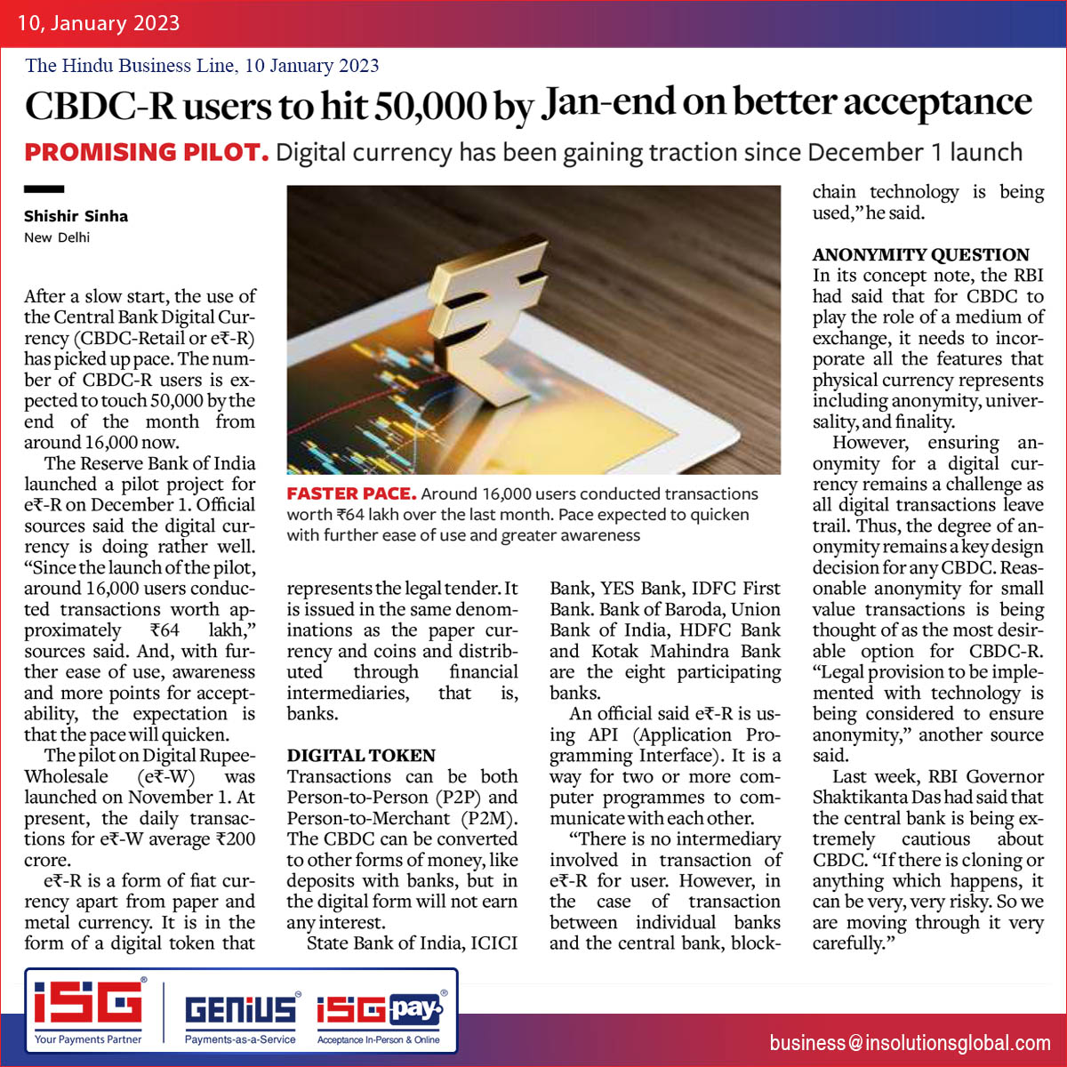 ISGPayments's tweet photo. The Central Bank Digital Currency has finally picked up the pace and the number of CBDC-Retail or e₹-R users is expected to hit 50,000 by the end of January. Read the full news here:
#CBDC #cbdcretail #payments #cbdcpilot #paymentsnews #RBI https://t.co/bTzsGgOpS0