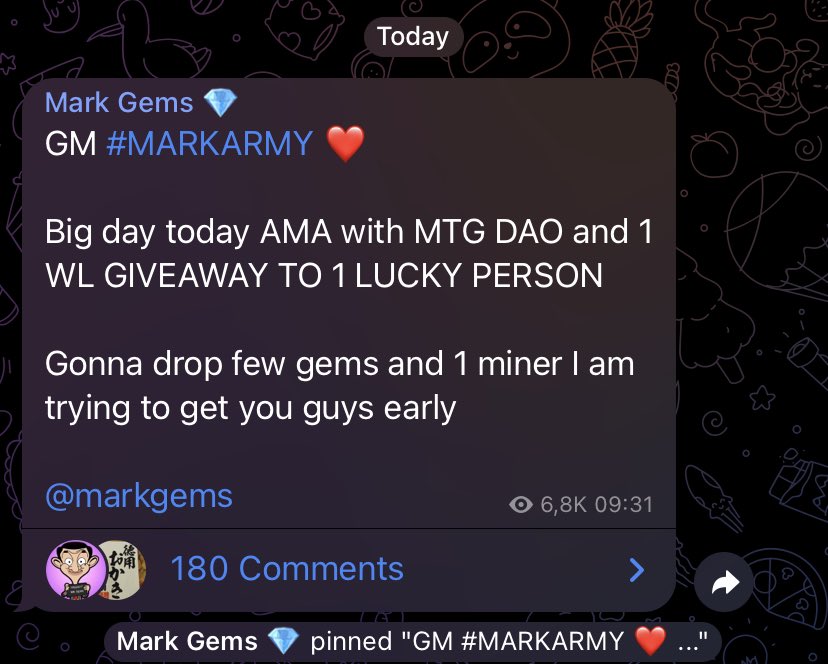 MTG_DAO's tweet photo. 👑 ATTENTION CHADS!!! 👑

We are attending the AMA Session at Mark Gems TG channel: https://t.co/ED8LrVK2l2

📆 4 PM UTC (today) 
📍 1 lucky person gets a WL 

See you soon! 🤘 https://t.co/0dSOZo1RfW