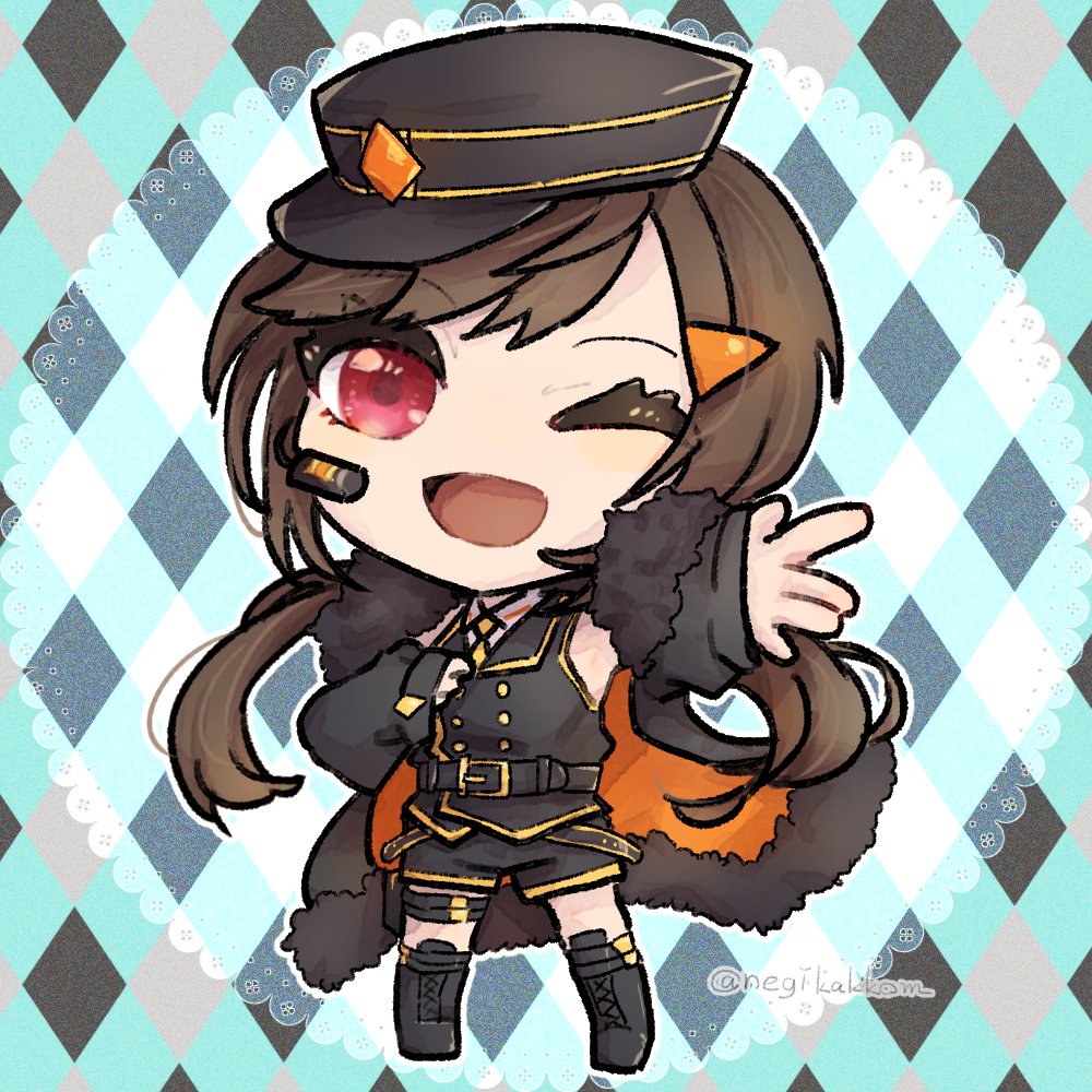 1girl one eye closed solo chibi hat brown hair red eyes  illustration images