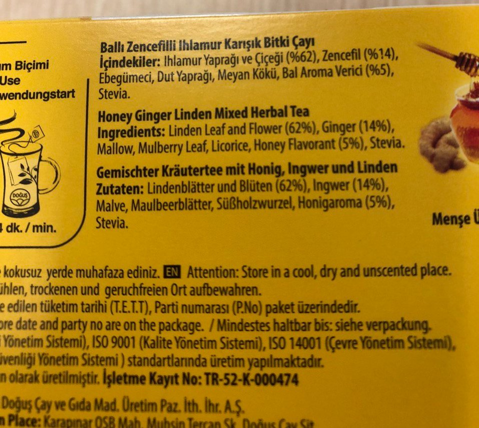 Bunlar tüketiciyle resmen dalga geçiyor, bakanlık da bunları izliyor. Ballı Zencefilli olarak satışa sunulan üründe bal değil, %5 oranında bal aroma vericisi olduğu görülüyor. 
Göz göre göre mevzuata aykırı beyan yapıp tüketiciyi mi kandırıyorsunuz?
<a href="/doguscay/">Doğuş Çay</a>