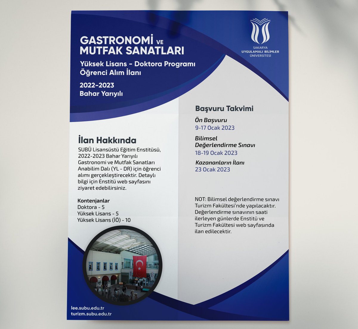 Üniversitemiz Lisansüstü Eğitim Enstitüsü, 2022-2023 Bahar Yarıyılı için Gastronomi ve Mutfak Sanatları Anabilim Dalına öğrenci alımı yapacaktır. Başvuru koşullarıyla ilgili detaylı bilgiler için SUBÜ Lisansüstü Eğitim Enstitüsü web sayfasını ziyaret edebilirsiniz.