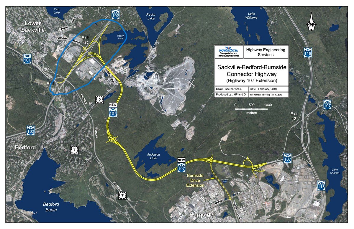 Take note of following Jan 10th. traffic delay notice.
Late 2023 will see the completion of the $173M Highway 107's four-lane Sackville-Bedford-Burnside Connector highlighted in yellow. 
Major work has started and will continue in the area circled in blue until mid year.
