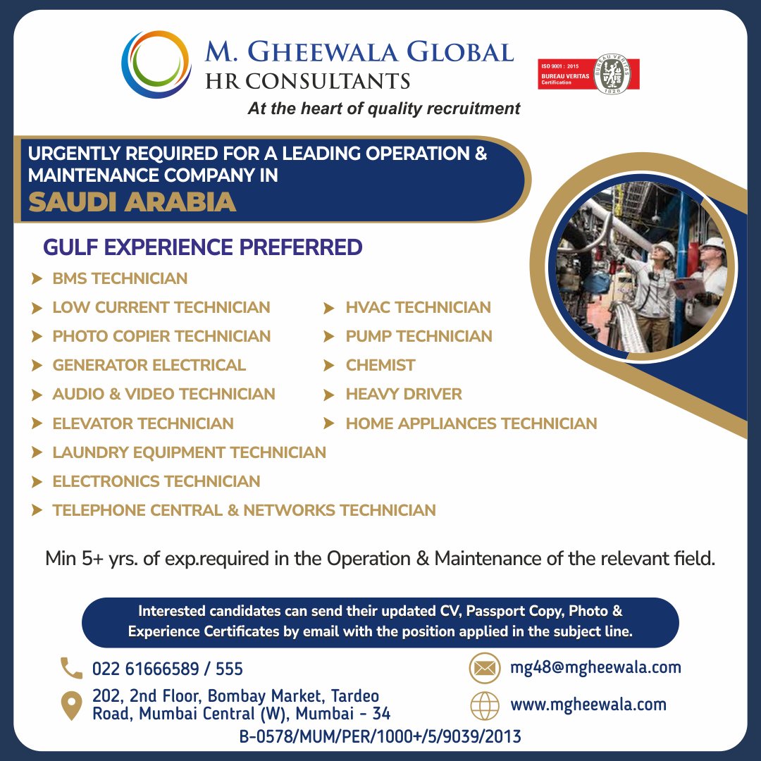 mgheewala_hrc's tweet photo. Job Vacancies for #Saudiarabia

Interested Candidates can send the updated resume to mg48@mgheewala.com

Learn More https://t.co/Ps4bxv2mB1

#jobsinsaudi #technician #chemist #driver #electricalgenerator #bmstechnician #homeappliancetechnician #facility #operationandmaintenance https://t.co/BKbPb6zcvV