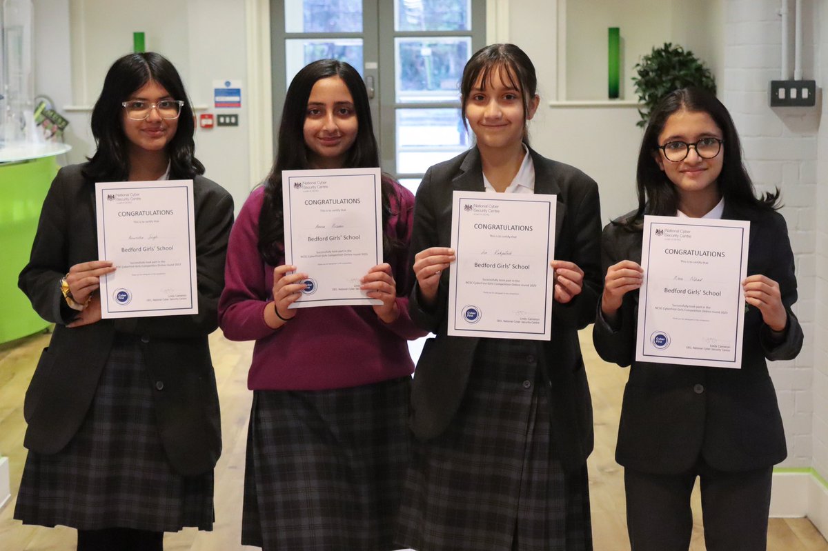 BGSICT's tweet photo. Anwesha, Amna, Jia and Nora or team “Fish Lovers” received their certificates &amp; prizes as the winning team for the @BedfordGirlsSch round of the @NCSC CyberFirst Girls Competition. The national competition is for Year 8 girls &amp; this is the 7th year BGS have entered #CyberFirst23 https://t.co/IAoxnocDAr