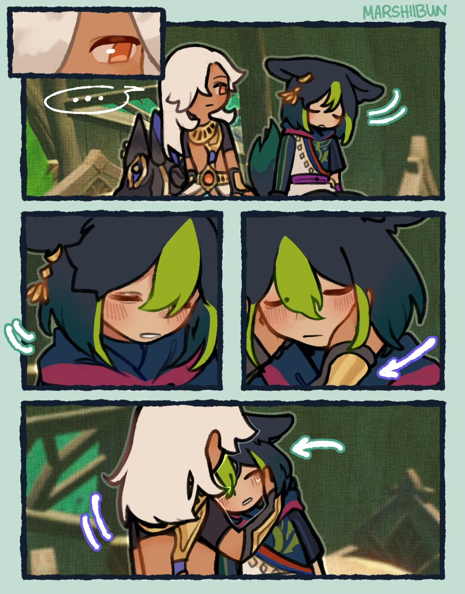 renshiivun's tweet photo. this is an old comic i was working on but i completely lost motivation to finish it and i kinda feel bad scrapping it so i'll just leave it like this hehehhehe #cynonari #cyno #Tighnari #GenshinImpact https://t.co/VL2QivmjK9
