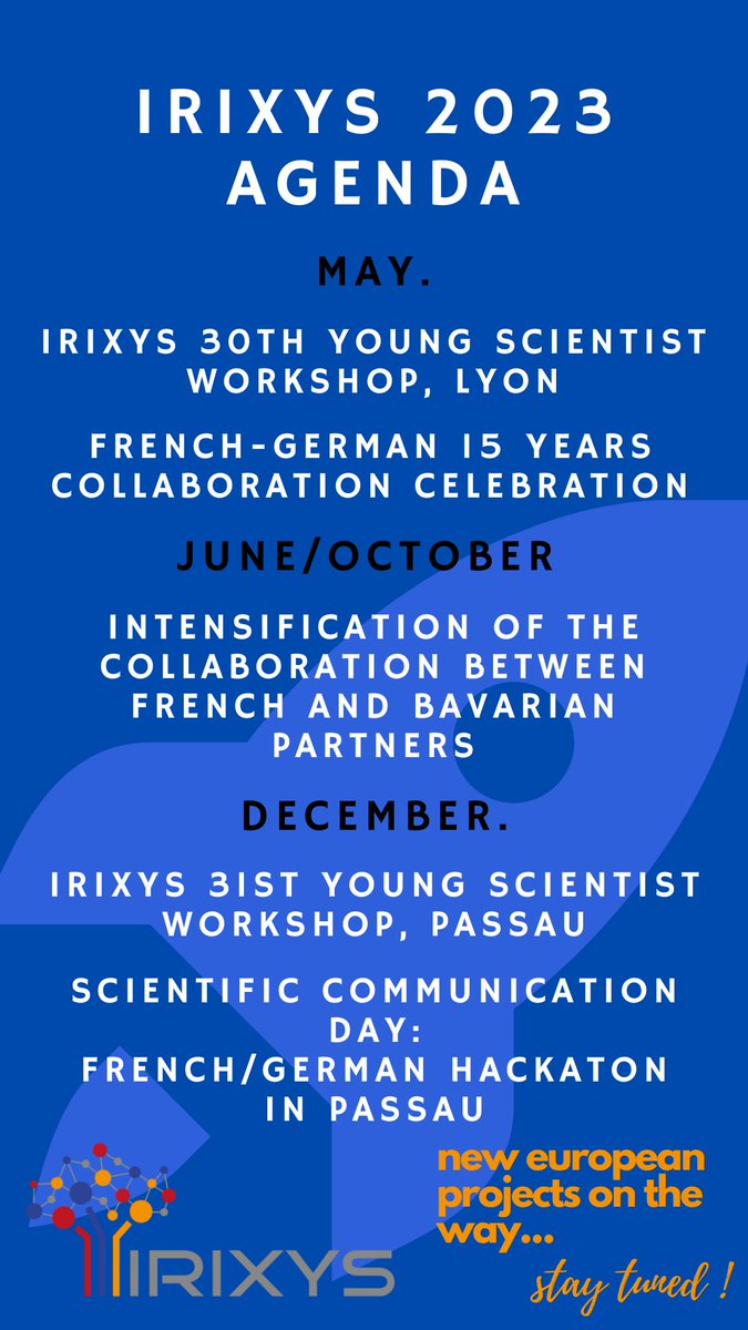 irixys's tweet photo. The IRIXYS team wishes you all the best for 2023! 
Here is our global agenda for the year to come, with lots of exciting events! IRIXYS will keep growing in the years to come, thanks to various European projects. Stay tuned! https://t.co/XRnvO2xjwf