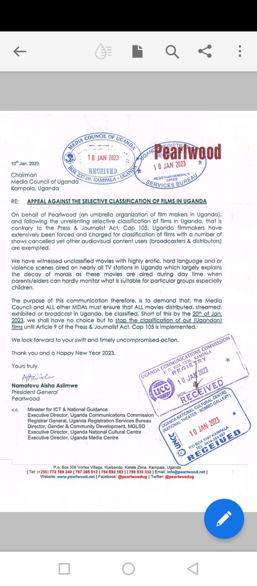 Pearlwood🇺🇬 (@pearlwoodug) on Twitter photo Selective Classification of films costs us employment capacity, community wellbeing, stakeholders welfare and government revenue among others.
#No2SelectiveClassification 🇺🇬
c.c.
<a href="/MoICT_Ug/">Ministry of ICT&NG</a>
<a href="/URSBHQ/">Uganda Registration Services Bureau</a>
<a href="/UCC_Official/">UCC</a>
<a href="/UNCC_UG/">Uganda National Cultural Centre</a>
<a href="/UgMediaCentre/">Uganda Media Centre</a>
<a href="/Mglsd_UG/">Ministry of Gender, Labour and Social Development</a> Selective Classification of films costs us employment capacity, community wellbeing, stakeholders welfare and government revenue among others.
#No2SelectiveClassification 🇺🇬
c.c.
<a href="/MoICT_Ug/">Ministry of ICT&NG</a>
<a href="/URSBHQ/">Uganda Registration Services Bureau</a>
<a href="/UCC_Official/">UCC</a>
<a href="/UNCC_UG/">Uganda National Cultural Centre</a>
<a href="/UgMediaCentre/">Uganda Media Centre</a>
<a href="/Mglsd_UG/">Ministry of Gender, Labour and Social Development</a>
