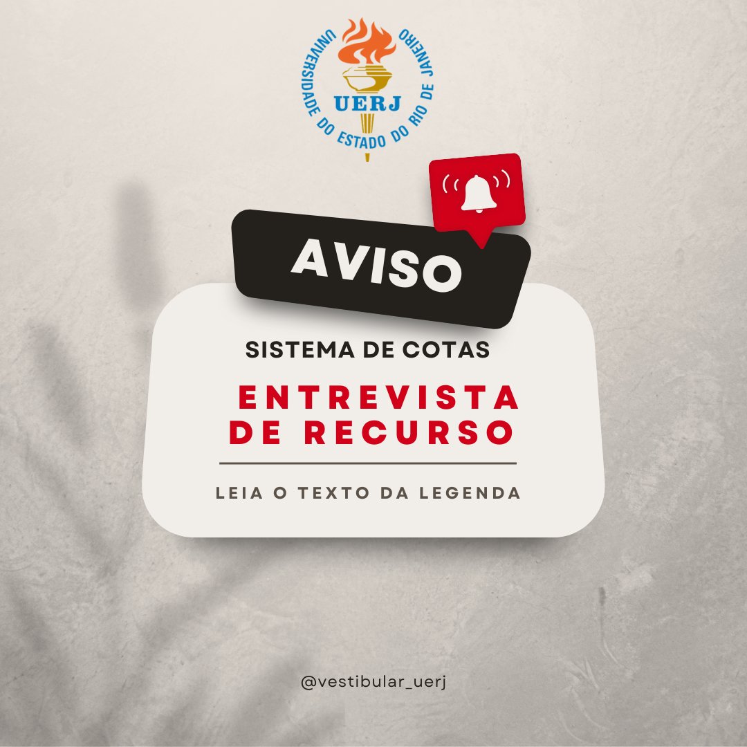 VestibularUERJ's tweet photo. ⚠️ Atenção candidatos ao Vestibular e ao Processo Seletivo de Transferência Externa e Aproveitamento de Estudos via Sistema de cotas.⠀
⠀
As entrevistas de recurso para candidatos às vagas para negros (pretos e pardos) indicados pela CPVA, ocorrerão dia 18/01/2023. 

#Uerj #cota https://t.co/uygTPwG7JS