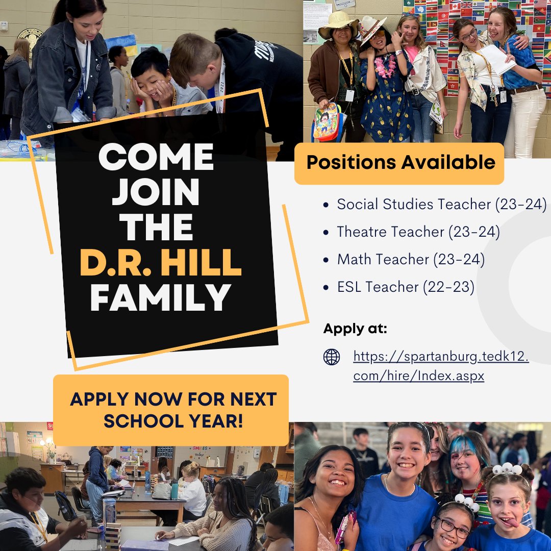 DRHillMiddle's tweet image. We are excited to announce that we have begun hiring for the 2023-2024 school year!  If you are interested in teaching at D.R. Hill next year, we would love to hear from you. Head over to spartanburg.tedk12.com/hire/Index.aspx  to apply today! #TheHill #D5Difference