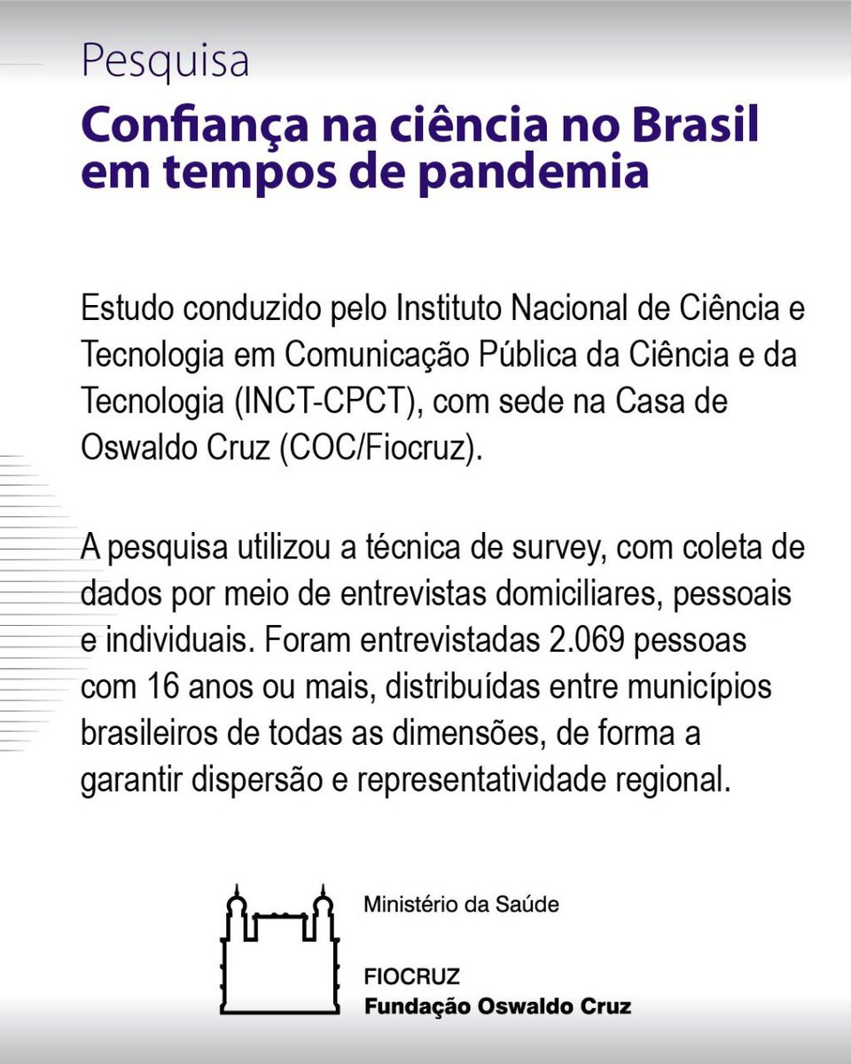 Segundo os pesquisadores, a confiança na ciência não é baixa, mas parece ter sido afetada negativamente por campanhas organizadas de desinformação, que cresceram em quantidade e impacto durante a pandemia de #COVID19 

☑️Resumo executivo da pesquisa: bit.ly/confianca-na-c…