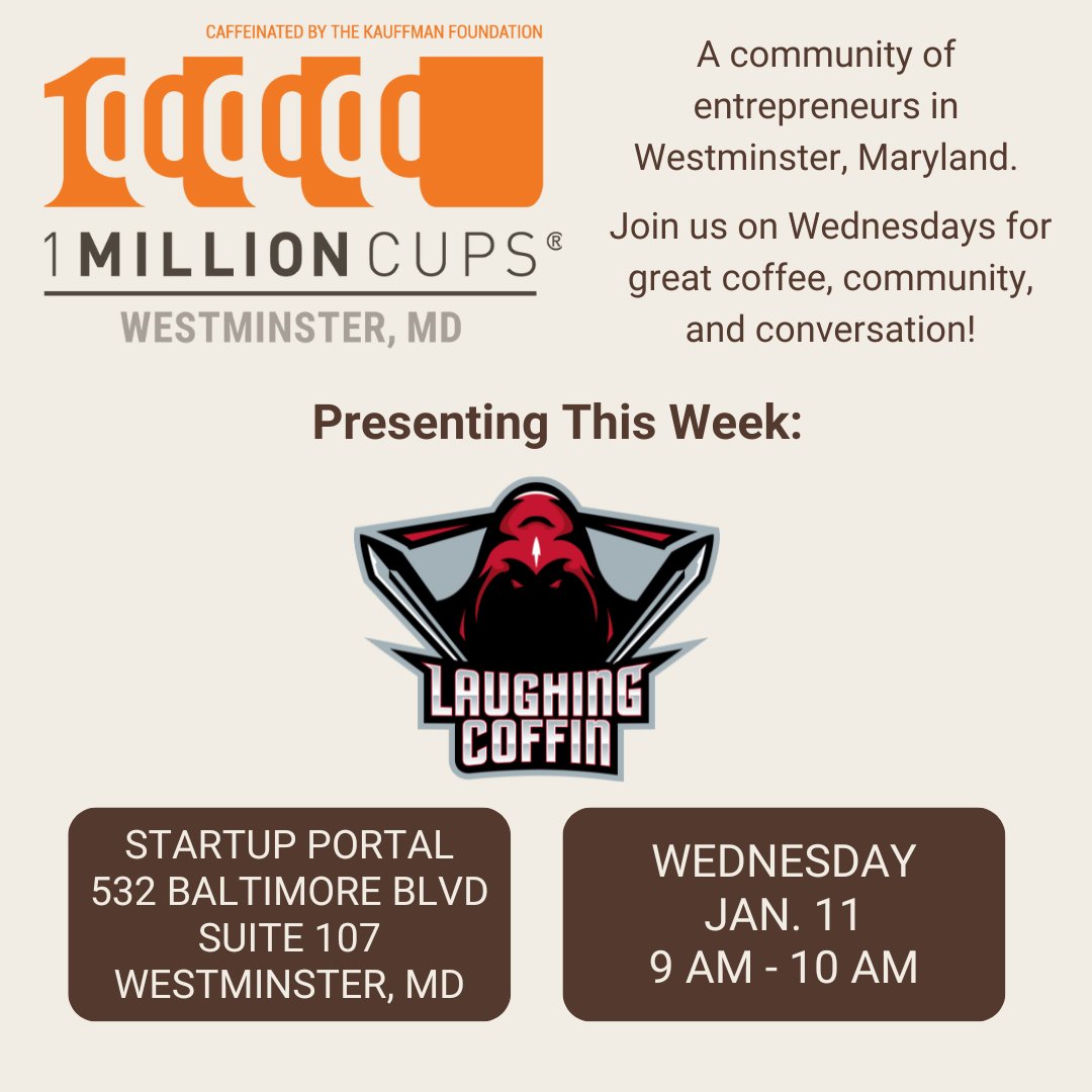 Don't miss our first <a href="/1MCWestminster/">1MC Westminster</a> meeting of 2023 tomorrow at <a href="/StartupPortal/">Startup Portal</a>! Tomorrow's speaker is Laughing Coffin (lcgpc.com), an #esports arena in #TaneytownMD! 

Can't join us in person? Tune into the livestream at facebook.com/1MCWestminster/

#WestminsterMD