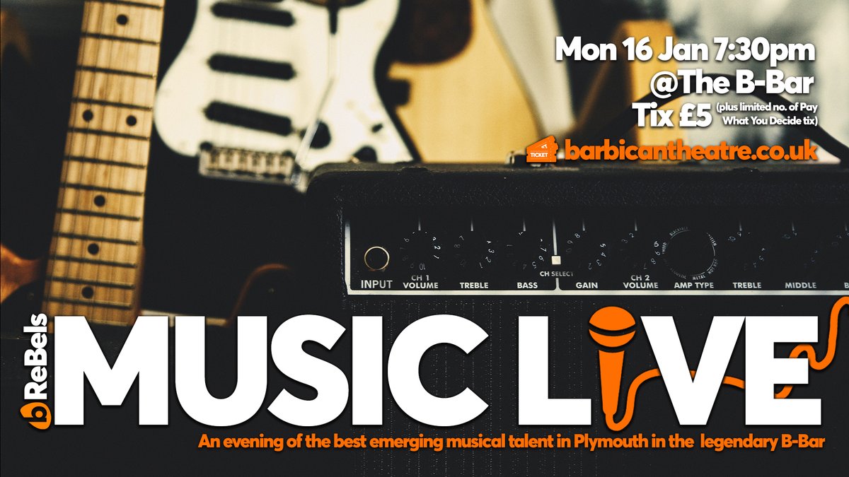 BarbicanTheatre's tweet image. ON SALE NOW! Join our incredible ReBels Musicians as they perform original music + covers in the intimate @BBarPlymouth. Plus why not enjoy some food and a drink while you're there!
Mon 16 Jan 7:30pm
Tix £5 (plus limited no. of #PayWhatYouDecide)
👉barbicantheatre.co.uk/whats-on/rebel…