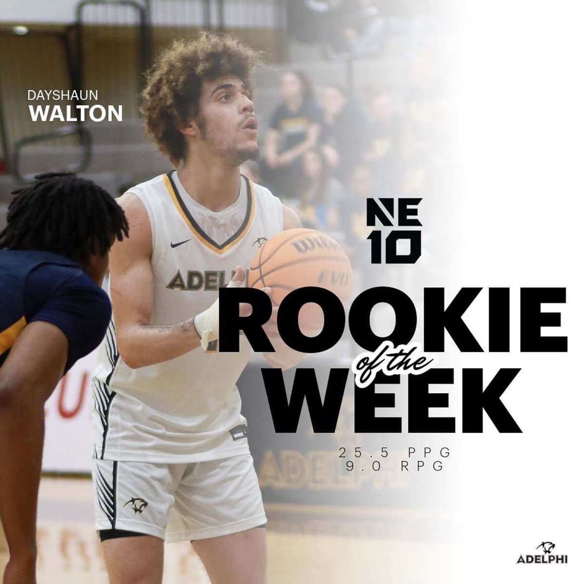 _U2TV's tweet photo. Dayshaun Walton (Green Tech) named NE 10 ROOKIE of the WEEK. On 1/4/23 Dayshaun led Adelphi with 32 pts &amp; 7 rebs; then on 1/7/23 Dayshaun finished with 19 pts &amp; 11 rebs and a victory over St Rose.

#518Basketball 
#RookieoftheWeek 
#Division2Hoops 
#AdelphiBasketball https://t.co/ZuOVbSQMYA